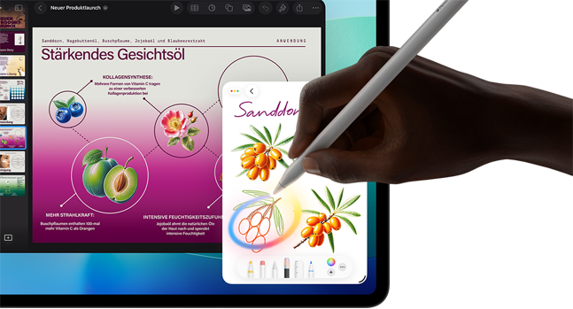 iPad Pro, Vorderseite, das Display zeigt einen Hintergrund mit dunkelblauem und grünem Farbverlauf und mehrere geöffnete Apps, eine Hand hält den Apple Pencil Pro und kreist eine Skizze ein, die das Apple Intelligence Feature „Bildkreation“ zeigt