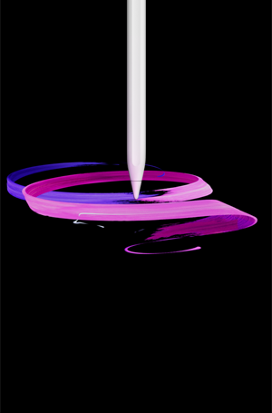 Apple Pencil Pro, Vorderseite, Hochformat, Seitenprofil, Farbe Weiß, abstrakte Zeichnung von violetten und rosafarbenen Bändern