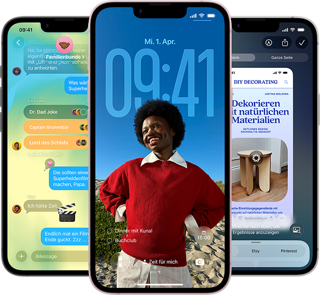Tre iPhone 17e-enheter med appen Meddelanden i Liquid Glass-design, dynamisk l&aring;ssk&auml;rm och Visuell intelligens ig&aring;ng