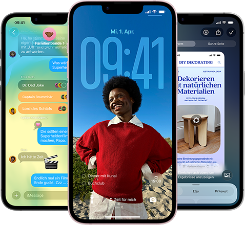 Tre iPhone 17e-enheter med appen Meddelanden i Liquid Glass-design, dynamisk l&aring;ssk&auml;rm och Visuell intelligens ig&aring;ng