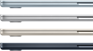 Seitenansicht von vier MacBook Air Laptops in vier verschiedenen Farben