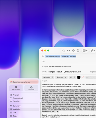 MacBook Neo Display, mit Apple Intelligence Schreibtools wird in Mail ein langer Absatz in einer E‑Mail mit Feedback zu einer Veröffentlichung überarbeitet