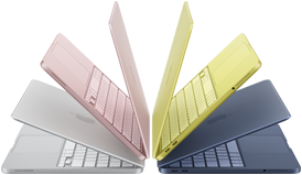 MacBook Neo Laptops in den Farben Silber, Rosa, Zitrus und Indigo, halb geöffnet und in einem Halbkreis angeordnet