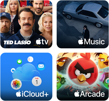Vier Kacheln: Apple TV Kachel zeigt Figuren aus der Serie Ted Lasso, Apple Music Kachel zeigt das Albumcover von Davidos Album 5ive, iCloud Plus Kachel zeigt eine Wolke, umgeben von App Symbolen für Fotos, Kalender, Mail, Erinnerungen, Nachrichten und Dateien, Apple Arcade Kachel zeigt Figuren aus dem Spiel Angry Birds